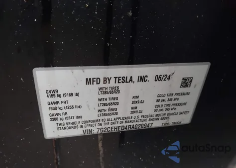 2024 Tesla Cybertruck All-Wheel Drive from USA, damaged, VIN 7G2CEHED4RA020947